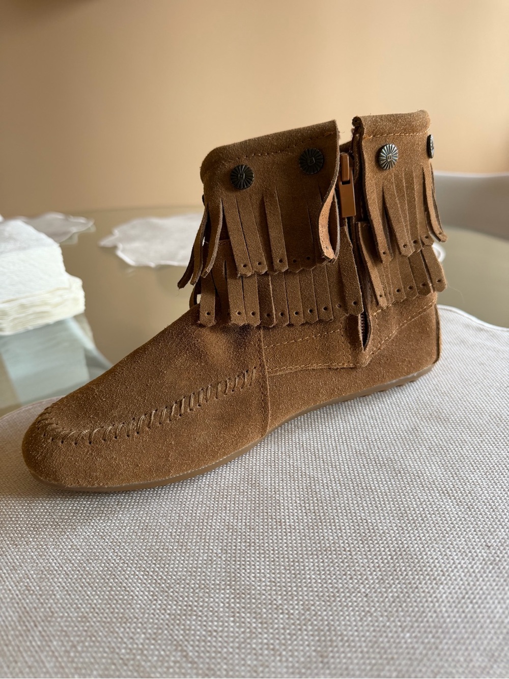 Fringe Ankle Moccasin Boots - Brown